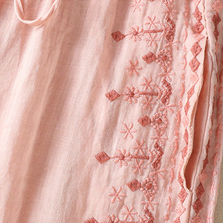 Pantaloni a gamba larga in cotone e lino con coulisse, vita alta e tasche, da donna, con ricamo etnico Buddha Stones - image 11