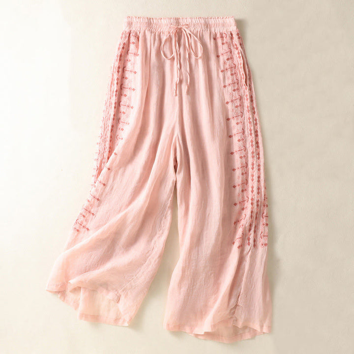 Pantaloni a gamba larga in cotone e lino con coulisse, vita alta e tasche, da donna, con ricamo etnico Buddha Stones