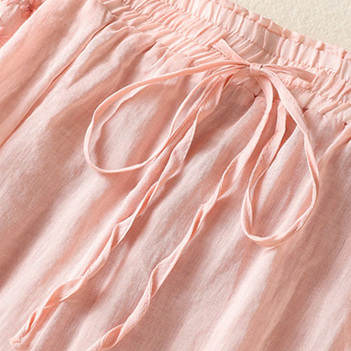 Pantaloni a gamba larga in cotone e lino con coulisse, vita alta e tasche, da donna, con ricamo etnico Buddha Stones - image 10