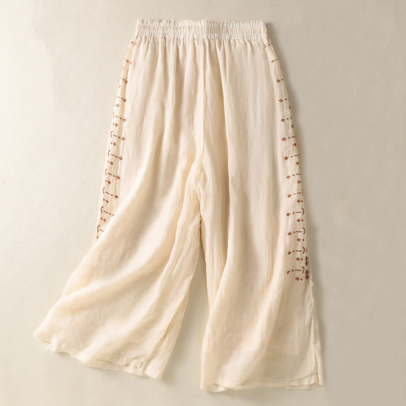 Pantaloni a gamba larga in cotone e lino con coulisse, vita alta e tasche, da donna, con ricamo etnico Buddha Stones - LemonChiffon - US8-10, UK/AU12-14, EU40-42 (2XL) - image 0