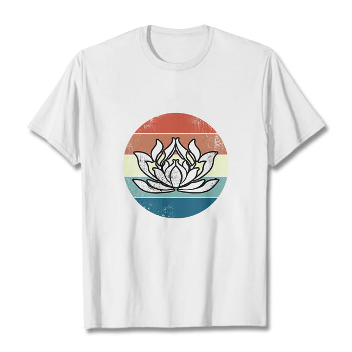 Maglietta in cotone con motivo a righe colorate Buddha Stones e loto in fiore - Bianco - 2XL - image 5