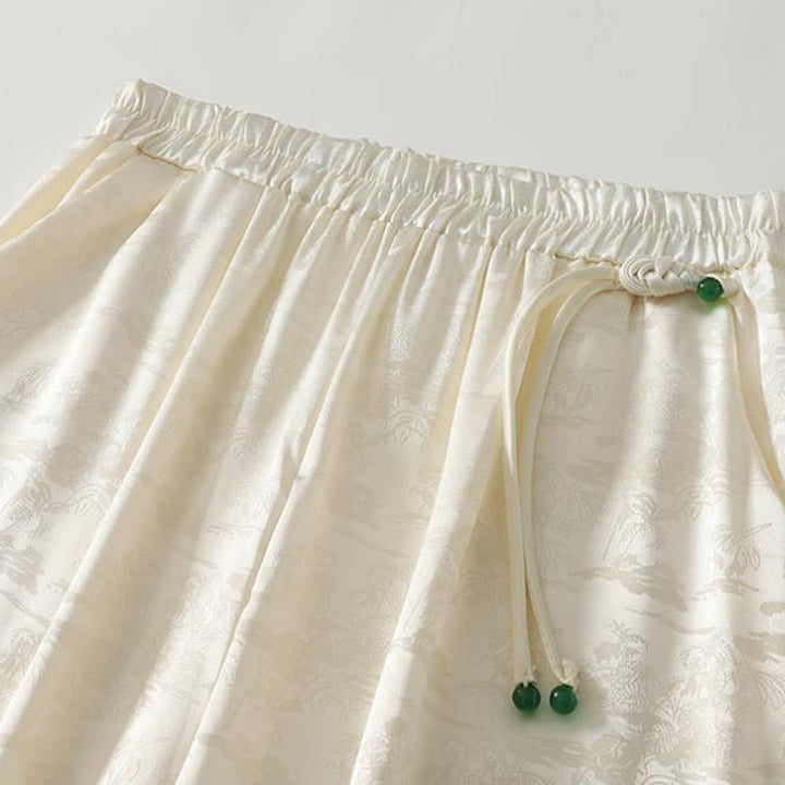 Pantaloni larghi da donna in cotone e lino con tasche, modello Buddha Stones, casual, primaverili, in jacquard tinta unita