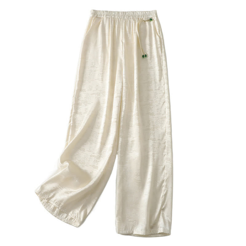 Pantaloni larghi da donna in cotone e lino con tasche, modello Buddha Stones, casual, primaverili, in jacquard tinta unita