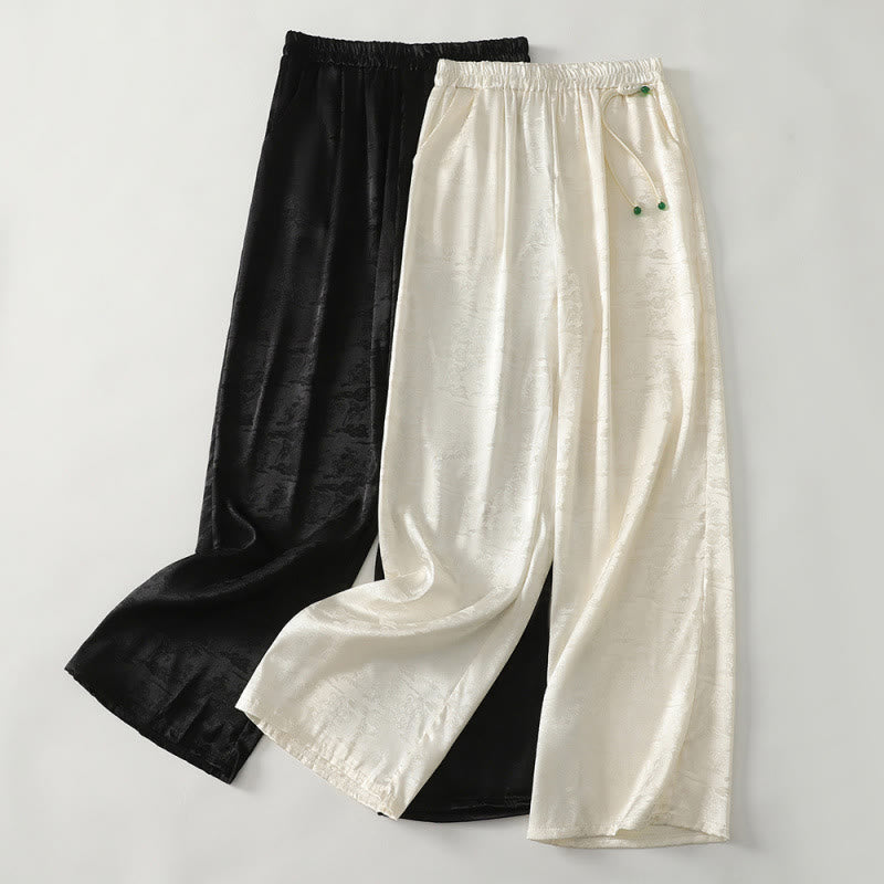 Pantaloni larghi da donna in cotone e lino con tasche, modello Buddha Stones, casual, primaverili, in jacquard tinta unita