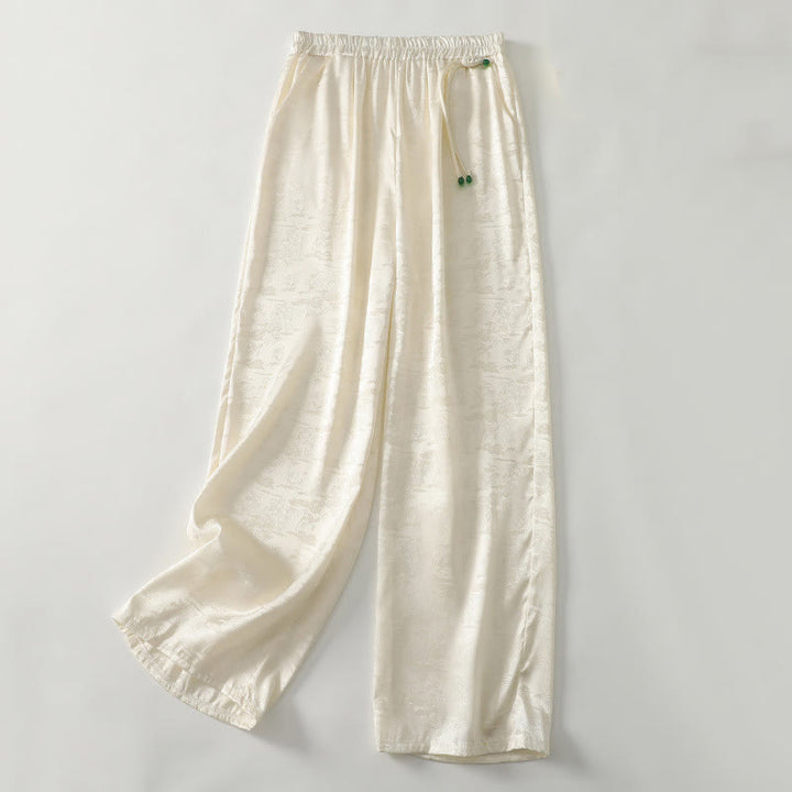 Pantaloni larghi da donna in cotone e lino con tasche, modello Buddha Stones, casual, primaverili, in jacquard tinta unita