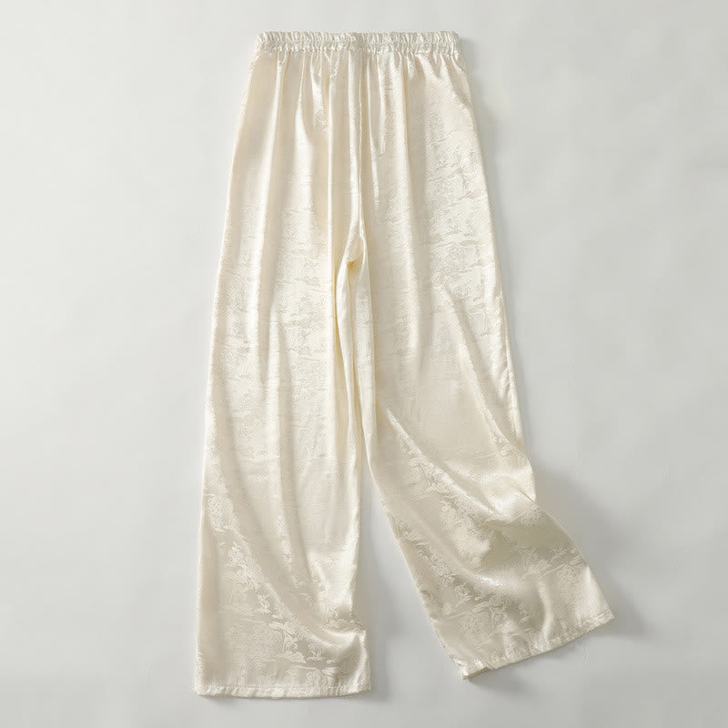 Pantaloni larghi da donna in cotone e lino con tasche, modello Buddha Stones, casual, primaverili, in jacquard tinta unita