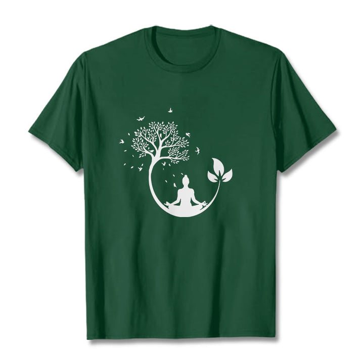 Maglietta in cotone con motivo Buddha Stones Buddha in meditazione su un albero - Verde studentesco - 2XL - image 10