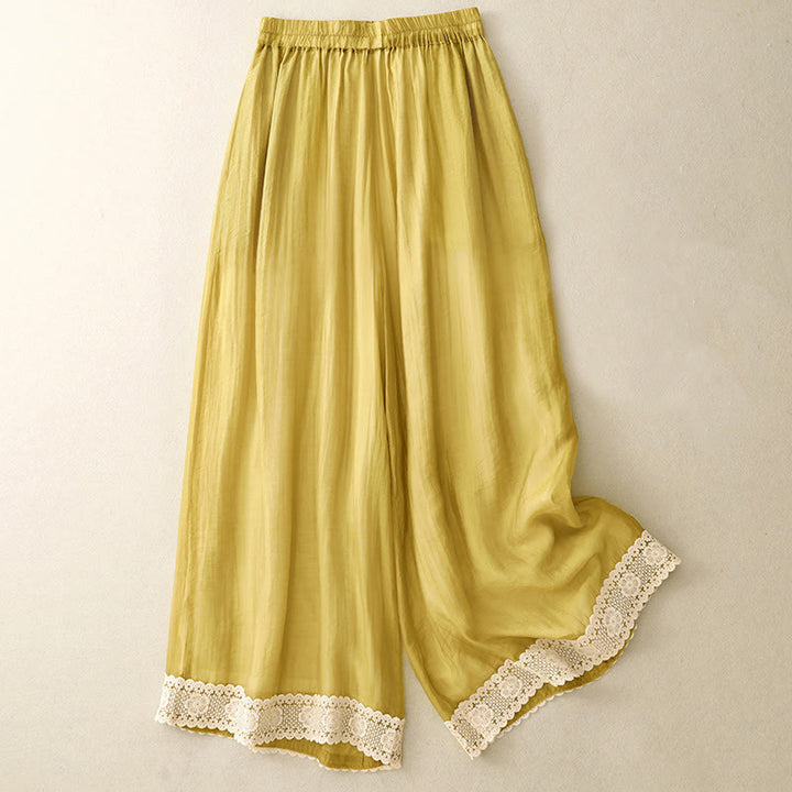 Pantaloni da donna in cotone e lino con tasche, Buddha Stones, modello primavera vintage casual, tinta unita, con polsini patchwork in pizzo - Oro - US8-10, UK/AU12-14, EU40-42 (2XL) - image 0