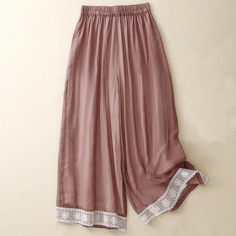 Pantaloni da donna in cotone e lino con tasche, Buddha Stones, modello primavera vintage casual, tinta unita, con polsini patchwork in pizzo - Rosso Indiano - US8-10, UK/AU12-14, EU40-42 (2XL) - image 20