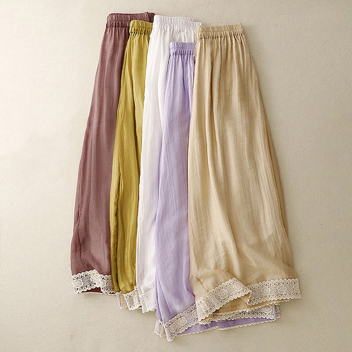 Pantaloni da donna in cotone e lino con tasche, Buddha Stones, modello primavera vintage casual, tinta unita, con polsini patchwork in pizzo - image 26