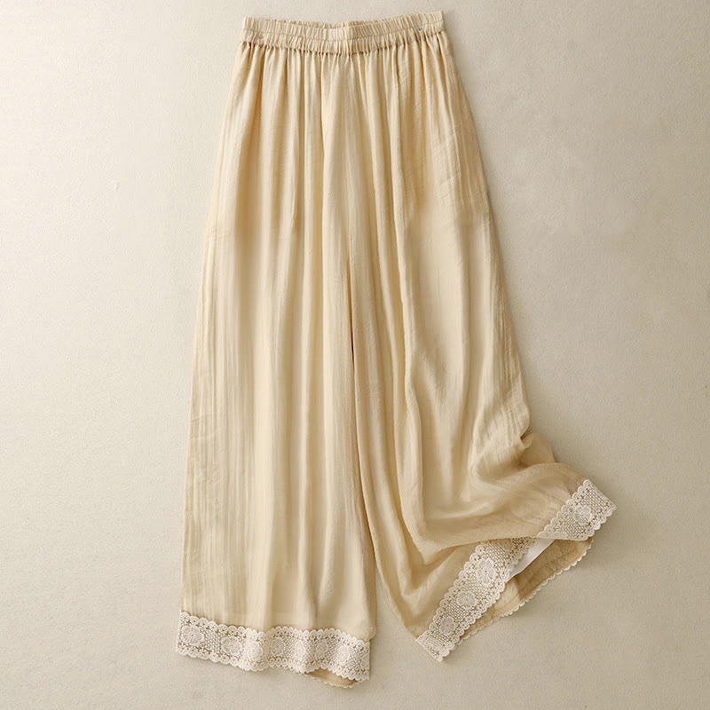 Pantaloni da donna in cotone e lino con tasche, Buddha Stones, modello primavera vintage casual, tinta unita, con polsini patchwork in pizzo - Cachi - US8-10, UK/AU12-14, EU40-42 (2XL) - image 9