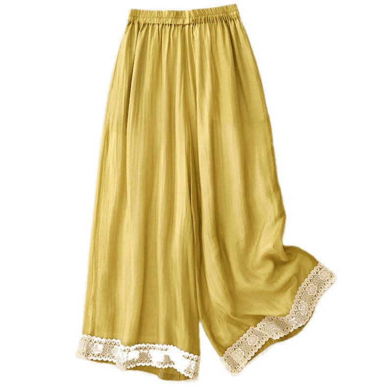 Pantaloni da donna in cotone e lino con tasche, Buddha Stones, modello primavera vintage casual, tinta unita, con polsini patchwork in pizzo - image 3