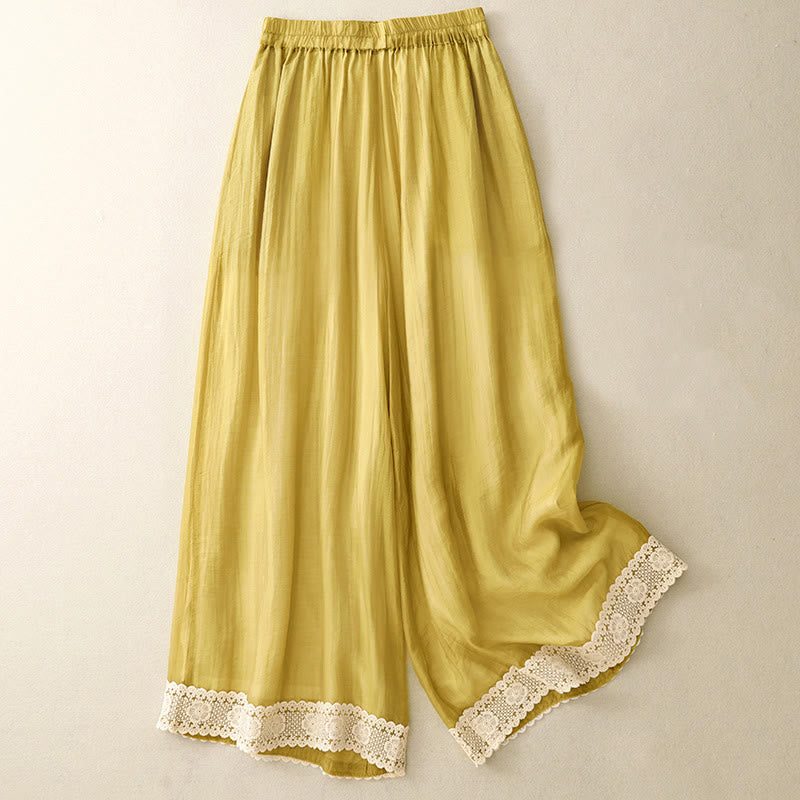 Pantaloni da donna in cotone e lino con tasche, Buddha Stones, modello primavera vintage casual, tinta unita, con polsini patchwork in pizzo - Oro - US8-10, UK/AU12-14, EU40-42 (2XL) - image 0