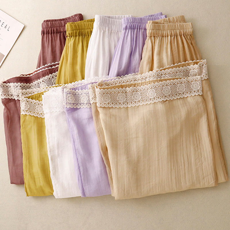 Pantaloni da donna in cotone e lino con tasche, Buddha Stones, modello primavera vintage casual, tinta unita, con polsini patchwork in pizzo - image 27