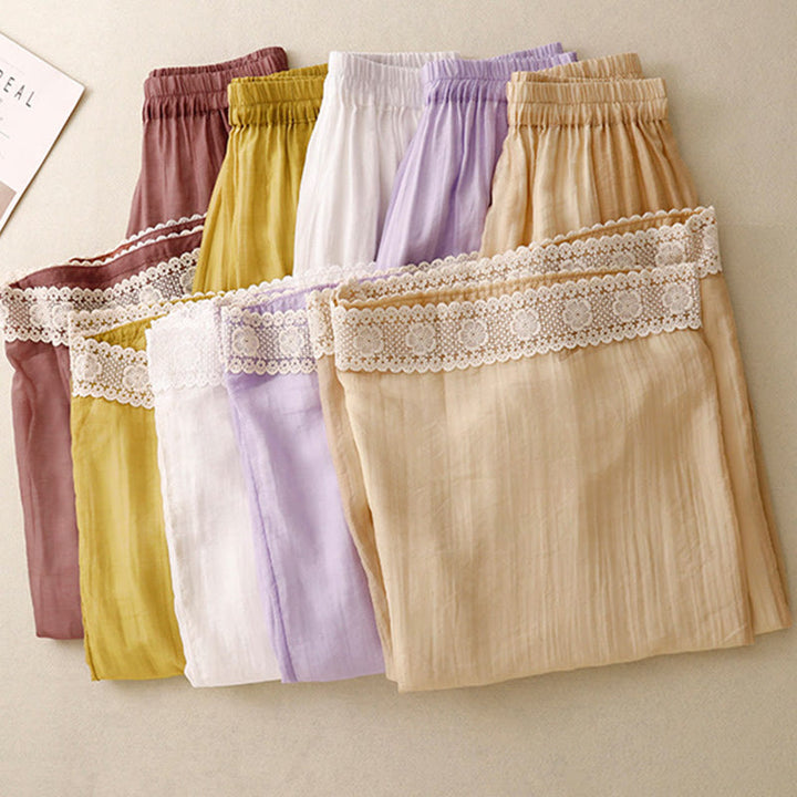 Pantaloni da donna in cotone e lino con tasche, Buddha Stones, modello primavera vintage casual, tinta unita, con polsini patchwork in pizzo - image 27