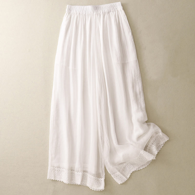 Pantaloni da donna in cotone e lino con tasche, Buddha Stones, modello primavera vintage casual, tinta unita, con polsini patchwork in pizzo - Bianco - US8-10, UK/AU12-14, EU40-42 (2XL) - image 4
