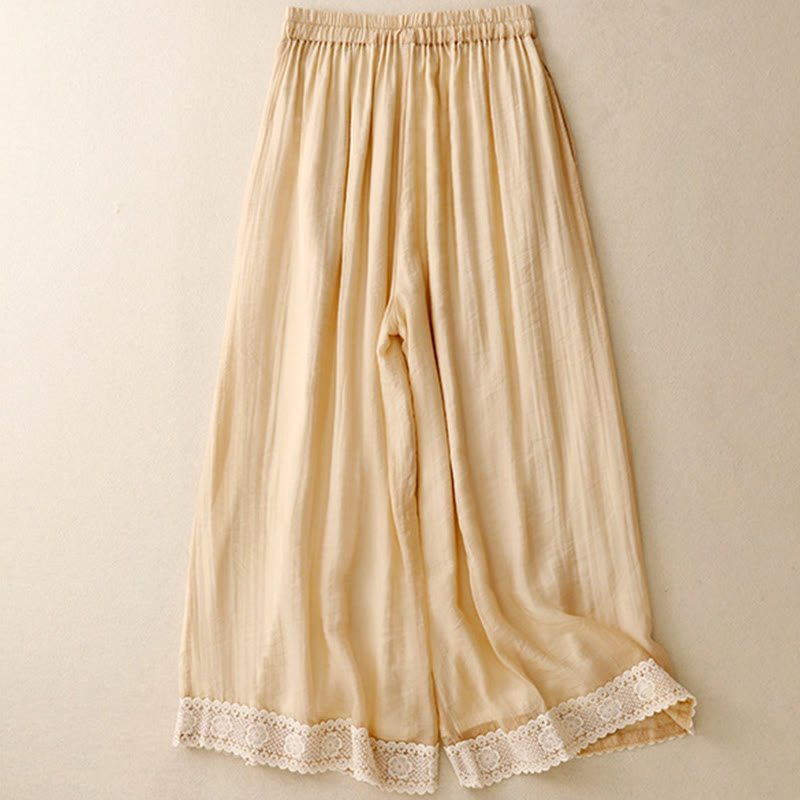Pantaloni da donna in cotone e lino con tasche, Buddha Stones, modello primavera vintage casual, tinta unita, con polsini patchwork in pizzo - image 10
