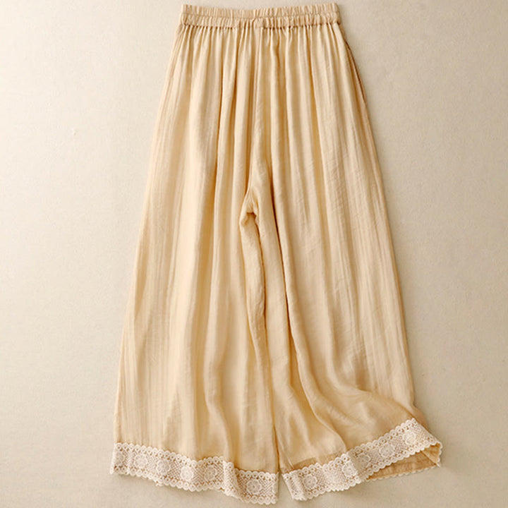 Pantaloni da donna in cotone e lino con tasche, Buddha Stones, modello primavera vintage casual, tinta unita, con polsini patchwork in pizzo - image 10