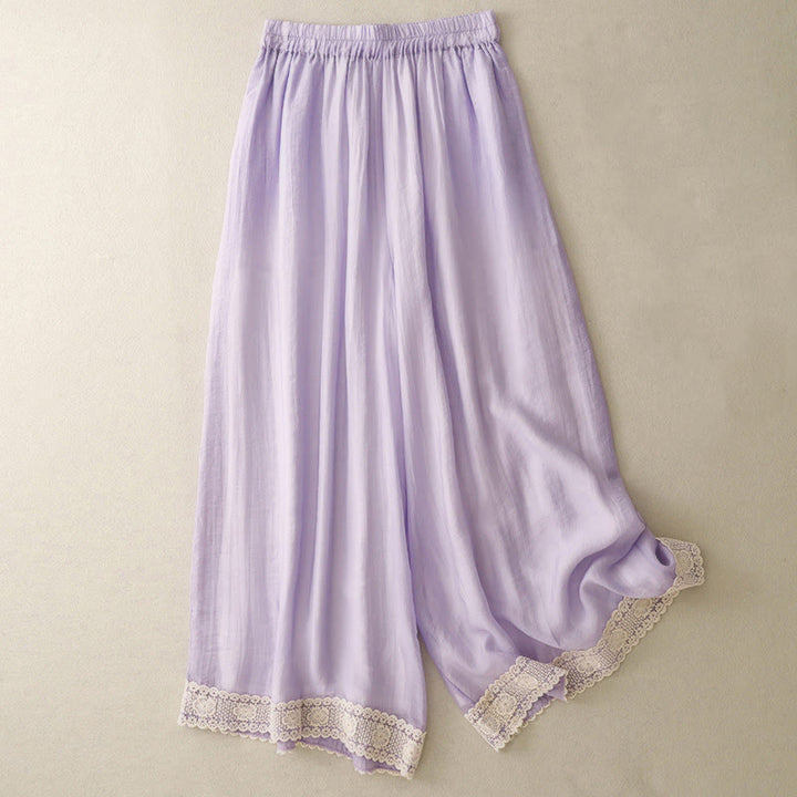 Pantaloni da donna in cotone e lino con tasche, Buddha Stones, modello primavera vintage casual, tinta unita, con polsini patchwork in pizzo - Lavanda - US8-10, UK/AU12-14, EU40-42 (2XL) - image 17