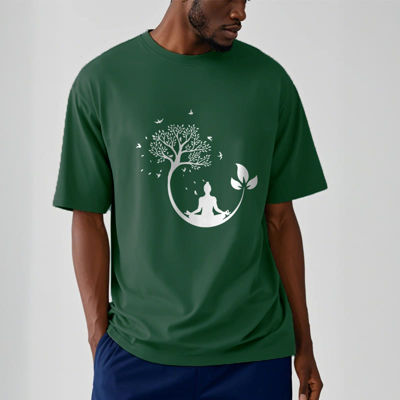 Maglietta in cotone con motivo Buddha Stones Buddha in meditazione su un albero - image 12