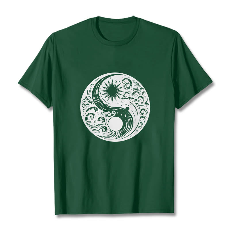 Maglietta in cotone con motivo Buddha Stones, sole, luna, onde e Yin Yang - Verde studentesco - 2XL - image 10