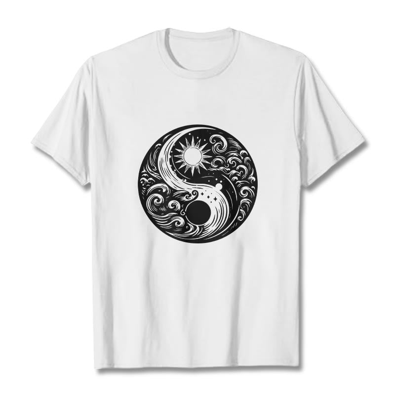 Maglietta in cotone con motivo Buddha Stones, sole, luna, onde e Yin Yang - Bianco - 2XL - image 1