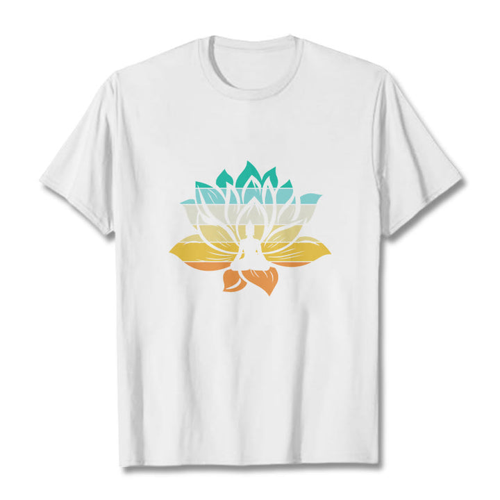 Maglietta in cotone con motivo a fiore di loto con Buddha Stones e motivo a meditazione di Buddha - Bianco - 2XL - image 5