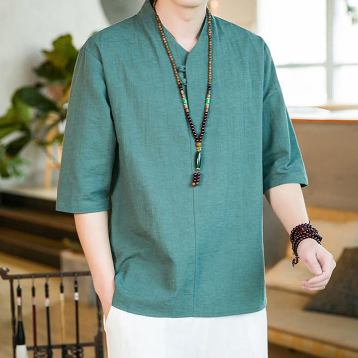 Camicia da uomo in cotone con maniche a tre quarti, modello Buddha Stones, estiva, vintage, tinta unita, con bottoni a rana - image 4