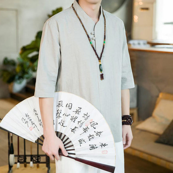 Camicia da uomo in cotone con maniche a tre quarti, modello Buddha Stones, estiva, vintage, tinta unita, con bottoni a rana - image 12