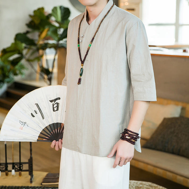 Camicia da uomo in cotone con maniche a tre quarti, modello Buddha Stones, estiva, vintage, tinta unita, con bottoni a rana - image 11