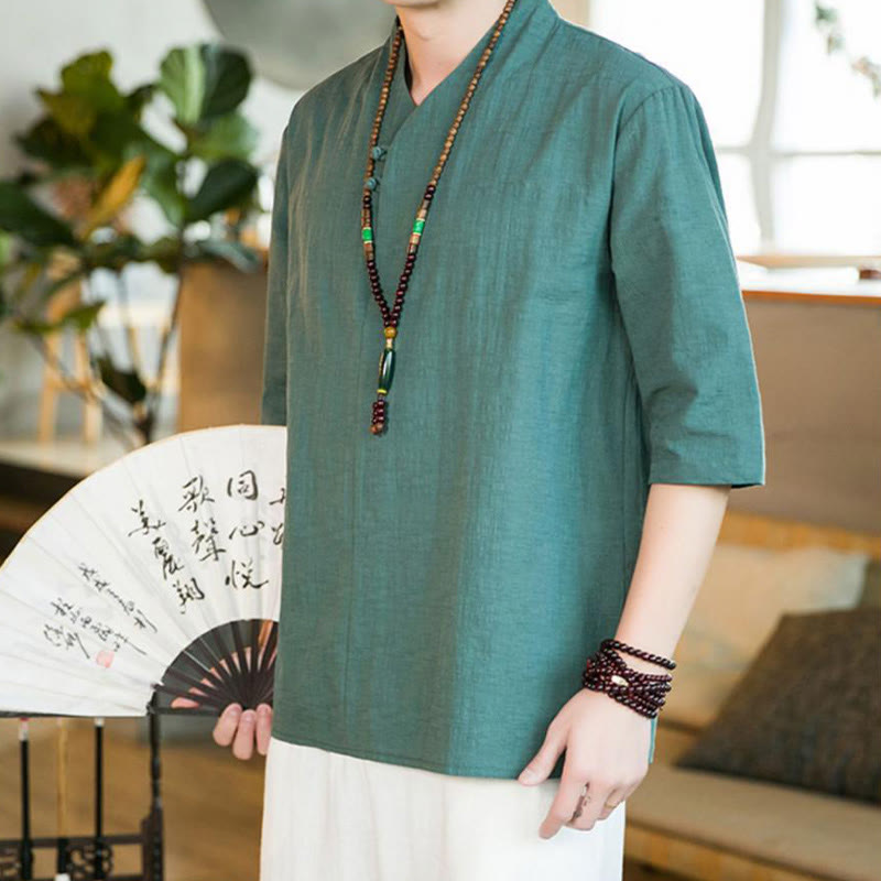 Camicia da uomo in cotone con maniche a tre quarti, modello Buddha Stones, estiva, vintage, tinta unita, con bottoni a rana - Ciano scuro - US/UK/AU46, EU56 (5XL) - image 0