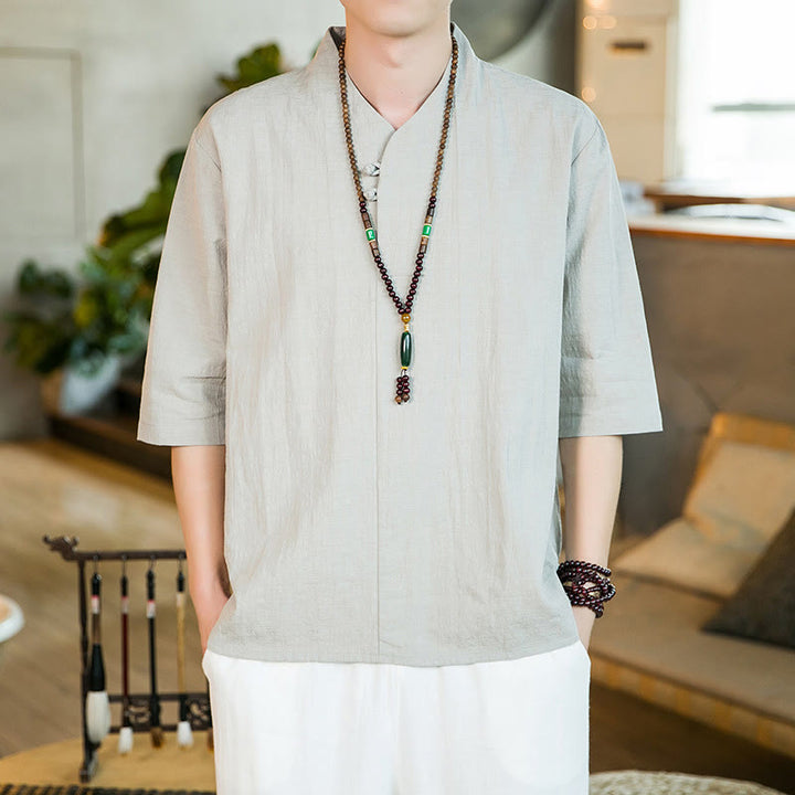 Camicia da uomo in cotone con maniche a tre quarti, modello Buddha Stones, estiva, vintage, tinta unita, con bottoni a rana - image 9