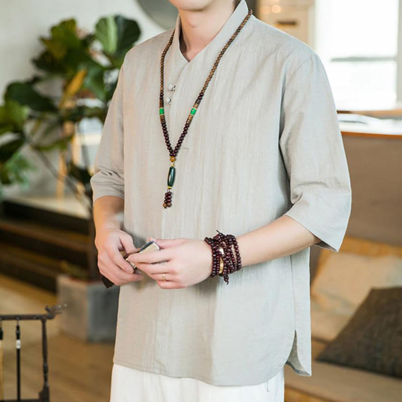 Camicia da uomo in cotone con maniche a tre quarti, modello Buddha Stones, estiva, vintage, tinta unita, con bottoni a rana - image 10