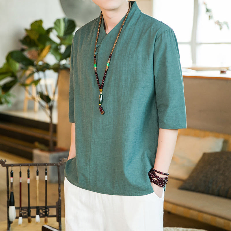 Camicia da uomo in cotone con maniche a tre quarti, modello Buddha Stones, estiva, vintage, tinta unita, con bottoni a rana - image 2