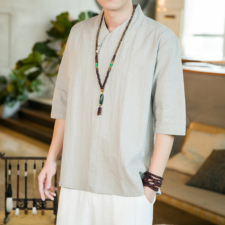 Camicia da uomo in cotone con maniche a tre quarti, modello Buddha Stones, estiva, vintage, tinta unita, con bottoni a rana - DarkSeaGreen - US/UK/AU46, EU56 (5XL) - image 8