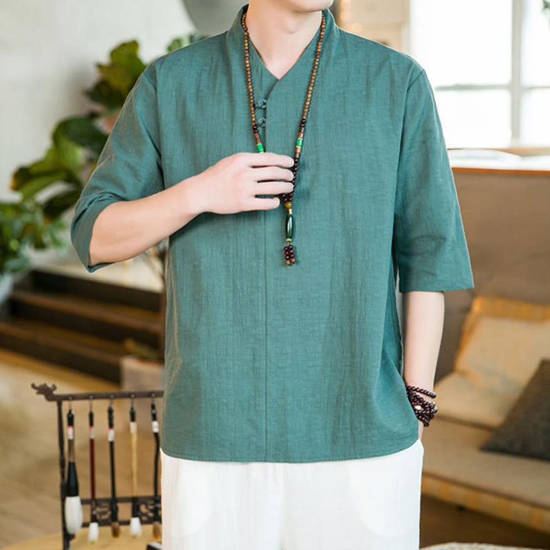 Camicia da uomo in cotone con maniche a tre quarti, modello Buddha Stones, estiva, vintage, tinta unita, con bottoni a rana - image 3