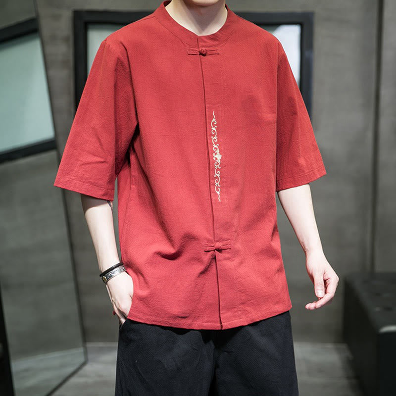 Camicia da uomo in cotone e lino con ricamo a bottone a forma di rana e motivo Buddha Stones Casual Solid Color. - image 10