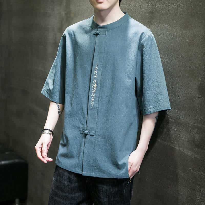 Camicia da uomo in cotone e lino con ricamo a bottone a forma di rana e motivo Buddha Stones Casual Solid Color. - image 1