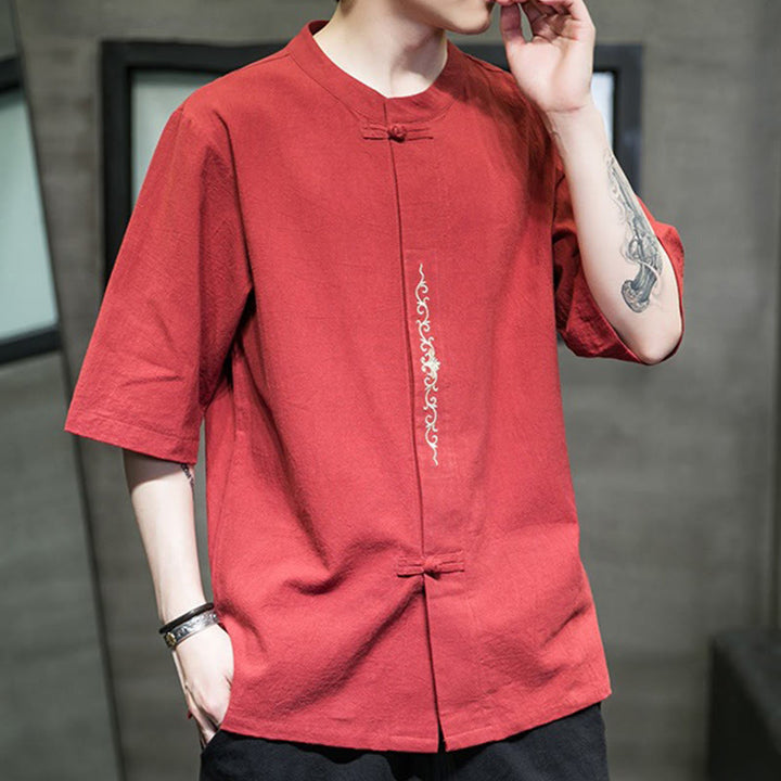 Camicia da uomo in cotone e lino con ricamo a bottone a forma di rana e motivo Buddha Stones Casual Solid Color. - image 12