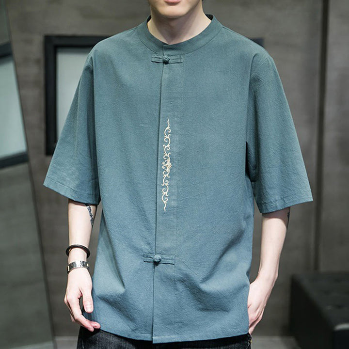 Camicia da uomo in cotone e lino con ricamo a bottone a forma di rana e motivo Buddha Stones Casual Solid Color. - image 7