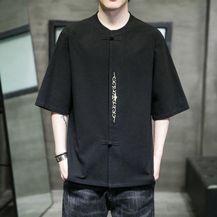 Camicia da uomo in cotone e lino con ricamo a bottone a forma di rana e motivo Buddha Stones Casual Solid Color. - image 21