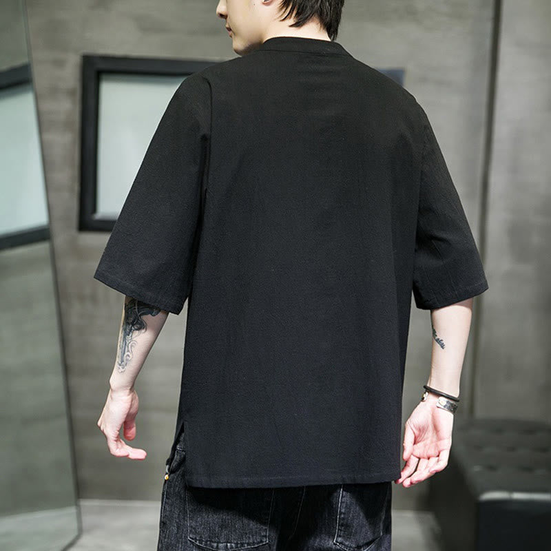 Camicia da uomo in cotone e lino con ricamo a bottone a forma di rana e motivo Buddha Stones Casual Solid Color. - image 19