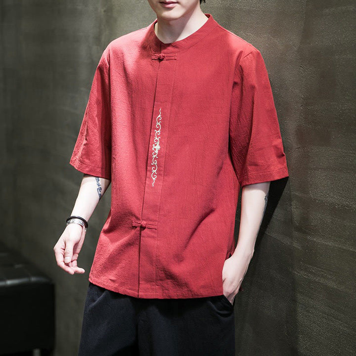 Camicia da uomo in cotone e lino con ricamo a bottone a forma di rana e motivo Buddha Stones Casual Solid Color. - Rosso - US/UK/AU46, EU56 (5XL) - image 9