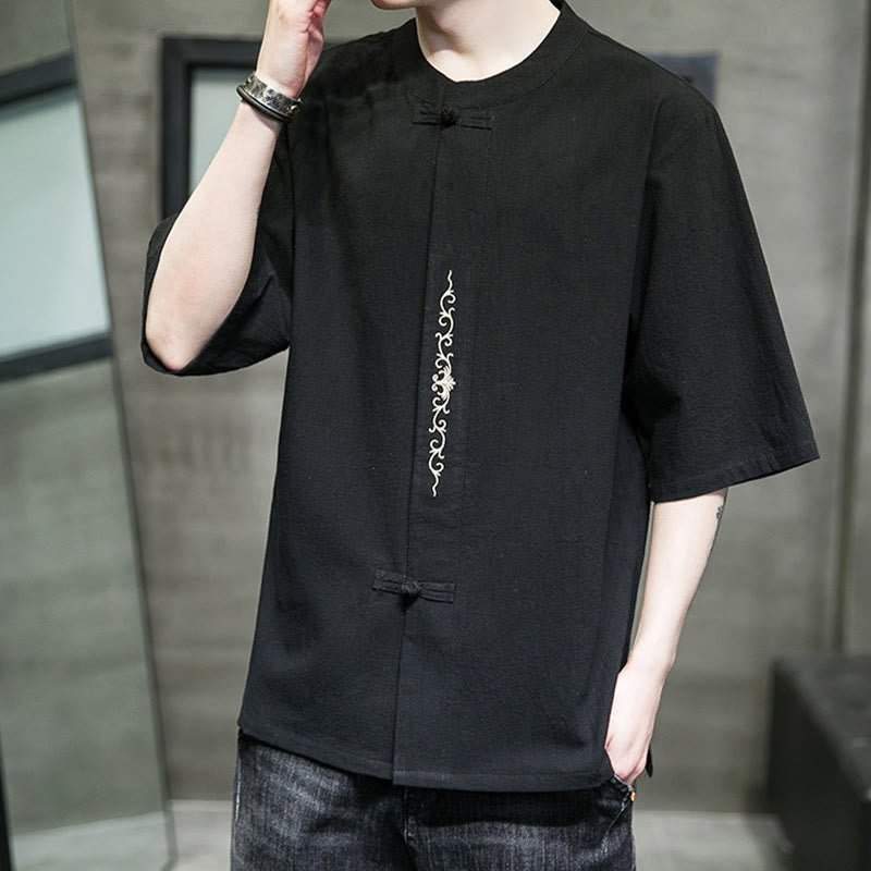 Camicia da uomo in cotone e lino con ricamo a bottone a forma di rana e motivo Buddha Stones Casual Solid Color. - image 18