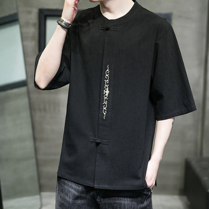 Camicia da uomo in cotone e lino con ricamo a bottone a forma di rana e motivo Buddha Stones Casual Solid Color. - image 18