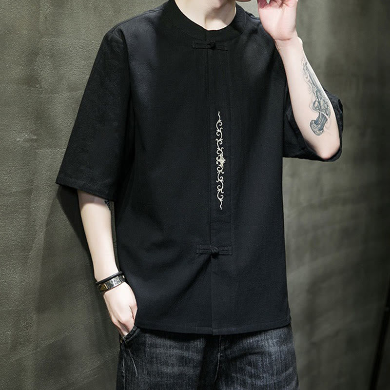 Camicia da uomo in cotone e lino con ricamo a bottone a forma di rana e motivo Buddha Stones Casual Solid Color. - image 22