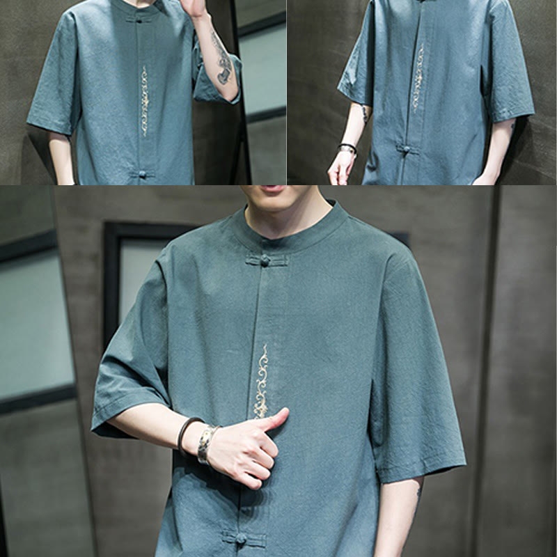 Camicia da uomo in cotone e lino con ricamo a bottone a forma di rana e motivo Buddha Stones Casual Solid Color. - image 8