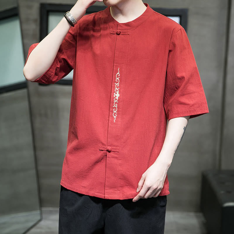 Camicia da uomo in cotone e lino con ricamo a bottone a forma di rana e motivo Buddha Stones Casual Solid Color. - image 11