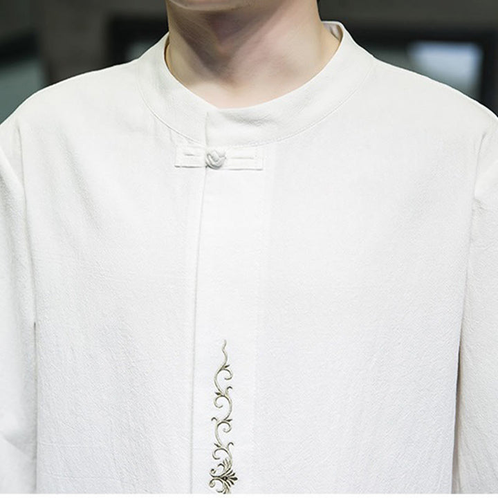 Camicia da uomo in cotone e lino con ricamo a bottone a forma di rana e motivo Buddha Stones Casual Solid Color. - image 30