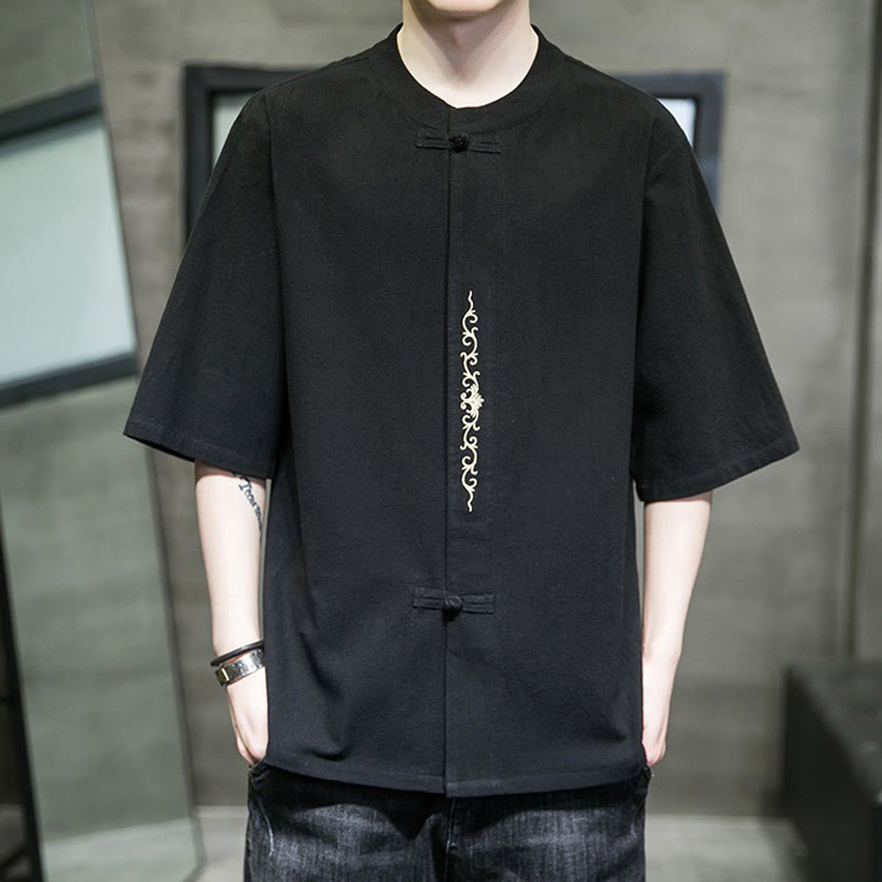 Camicia da uomo in cotone e lino con ricamo a bottone a forma di rana e motivo Buddha Stones Casual Solid Color. - Nero - US/UK/AU46, EU56 (5XL) - image 17